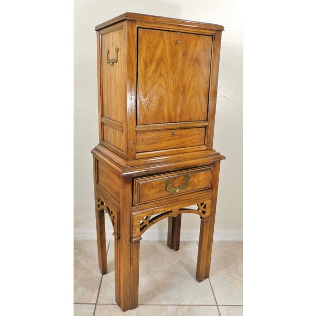 Brown Small Vintage Mid Century Campaign Oak Wood Cabinet For Sale - Image 8 of 12