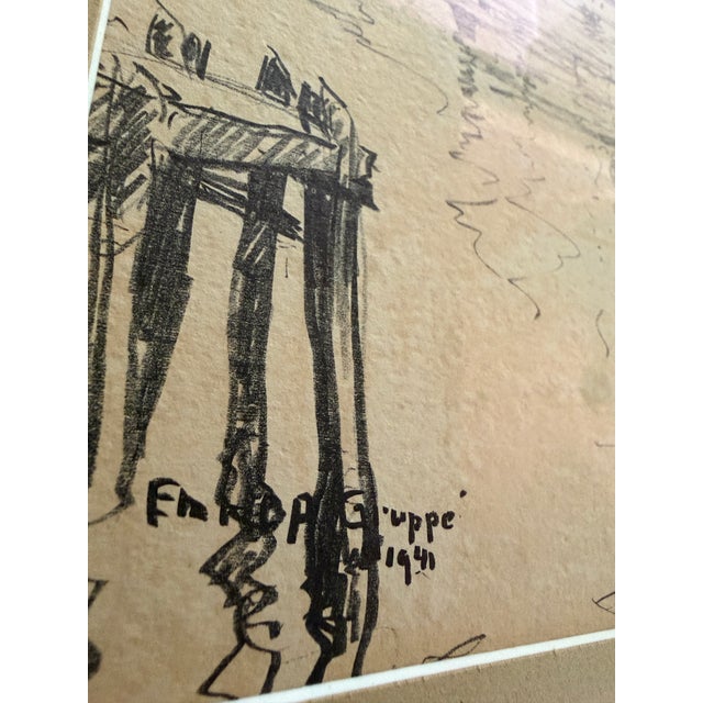 Emile A. Gruppe Original 1941 Harbor Drawing Signed Gloucester Scene Framed For Sale - Image 4 of 9