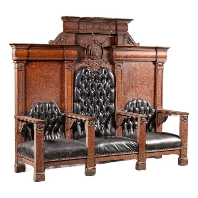 Antique b.p.o.e. Elk Lodge Tiger Oak Triple-Seat Bench For Sale