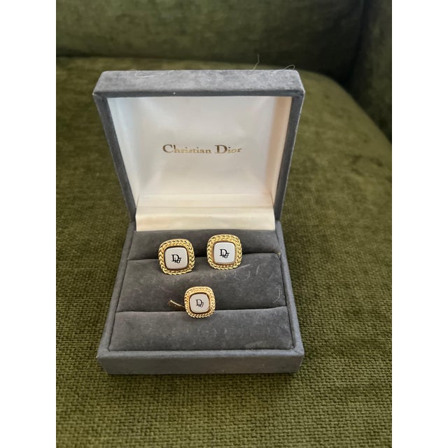 Rare Monsiuer Vintage Christian Dior Gold Plate Cufflinks & Tie Clip In Original Lux Case Circa 1980 Original Case...