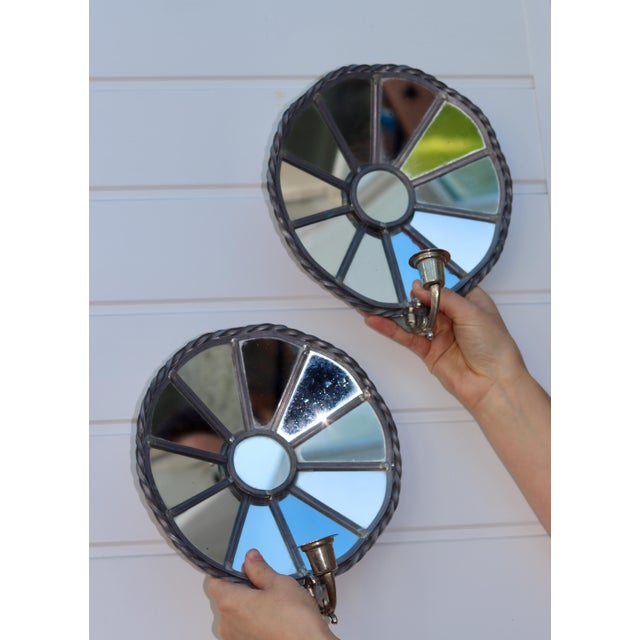 Vintage Sun Mirror Sconces in Pewter by Klöva Hallar, Set of 2 For Sale - Image 4 of 8