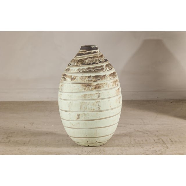 Large Artisan Cream Glazed Ceramic Vase with Brown Striated Bands For Sale - Image 11 of 17