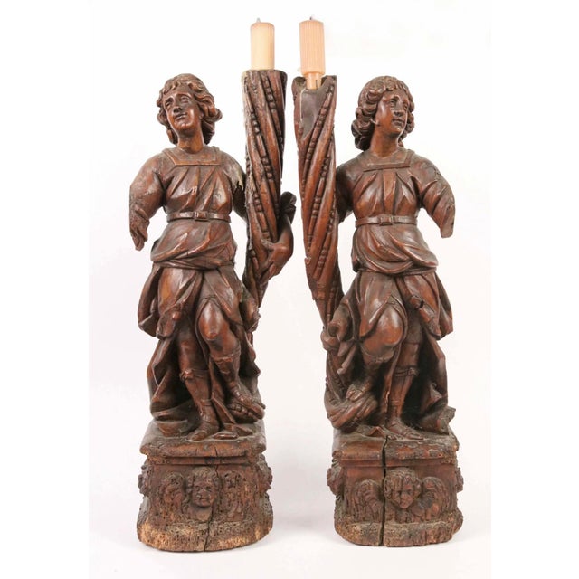 Wood Pair of Italian Renaissance/Baroque Carved Wood Angel Torchère Candelabra, C. 1600 For Sale - Image 7 of 7