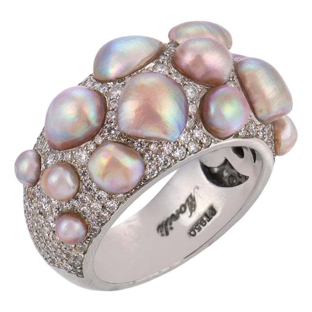 Mid 20th Century Monili Natural Pearl Diamond Platinum Cluster Ring, Size 6.5 For Sale