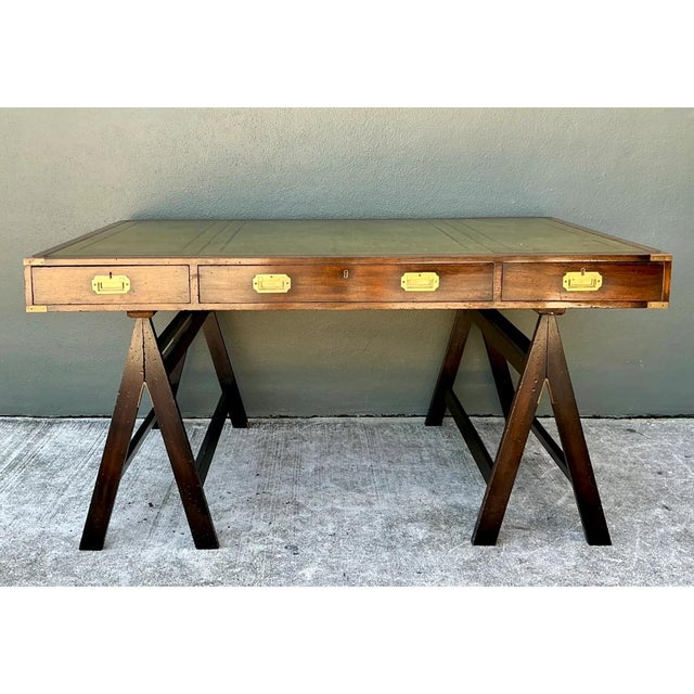 Vintage Wood and Leather Campaign Desk For Sale In West Palm - Image 6 of 12