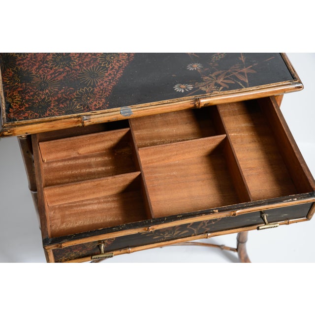 Antique French Napoleon III Chinoiserie Lacquered Bamboo Work Table For Sale - Image 4 of 17