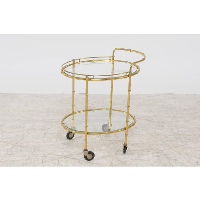 Metal French Midcentury Brass Two-Tiered Oval Cart with Glass Shelves and Casters For Sale - Image 7 of 8