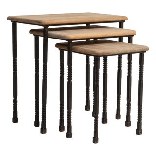 1970s Set Of Three Cast Iron Nesting Tables With Wooden Tops For Sale