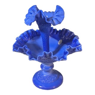 Vintage Mid-Century Modern Fenton Periwinkle Blue Diamond Lace One Horn Epergne For Sale