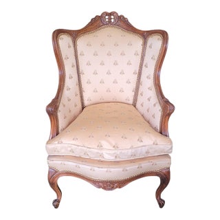 1940s French Carved Wing Chair Bumble Bee Fabric For Sale
