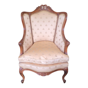 1940s French Carved Wing Chair Bumble Bee Fabric