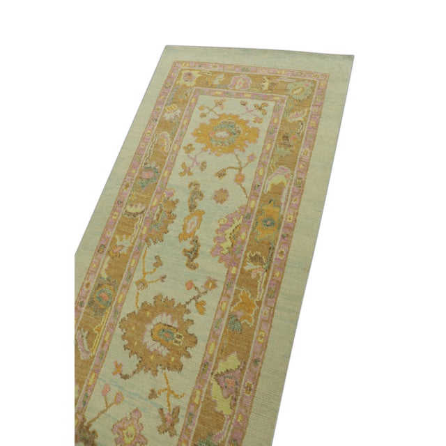 Turkish Oushak Runner Rug Green & Gold Handmade For Sale - Image 4 of 5