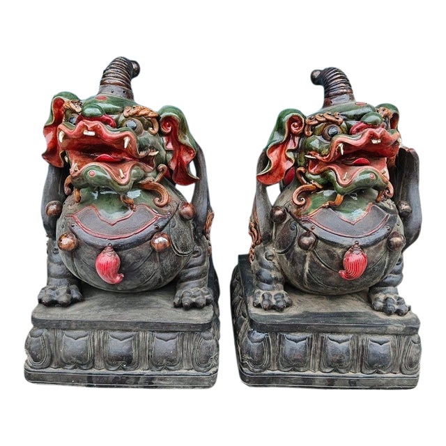 Monumental Pair of Vintage Chinese Shiwan Pottery Temple Lions (Pixiu) | Large Guardian Foo Dogs For Sale