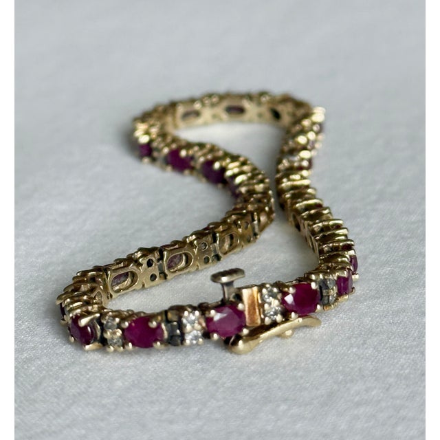 Vintage 1980s 14k Yellow Gold Ruby & Diamond Tennis Bracelet For Sale - Image 9 of 11