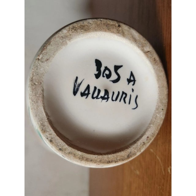 Vintage French Wide Neck Vase with Hand-Painted Flowers and Yellow Interior from Vallauris, 1960s For Sale - Image 9 of 11