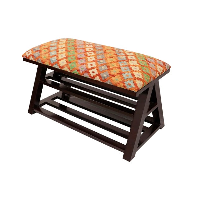 Geometric Kilim Upholstered Handmade Wood Storage Bench For Sale - Image 11 of 11