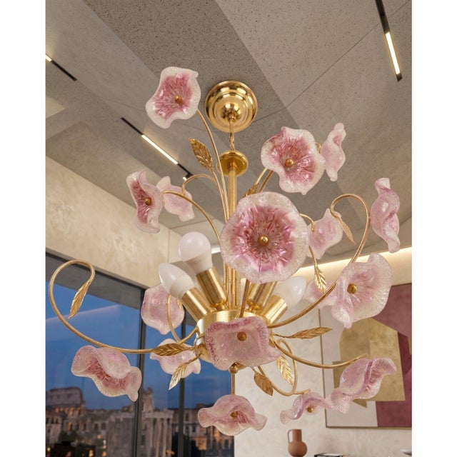 Postmodern 1970s Murano "Pink Lily" Sfumato Lily Chandelier in Brass – Italian Floral Glass Pendant For Sale - Image 3 of 7