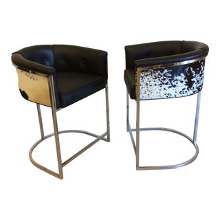 Vintage Arteriors Black & White Cow Hide Calvin Counter Stools- A Pair For Sale