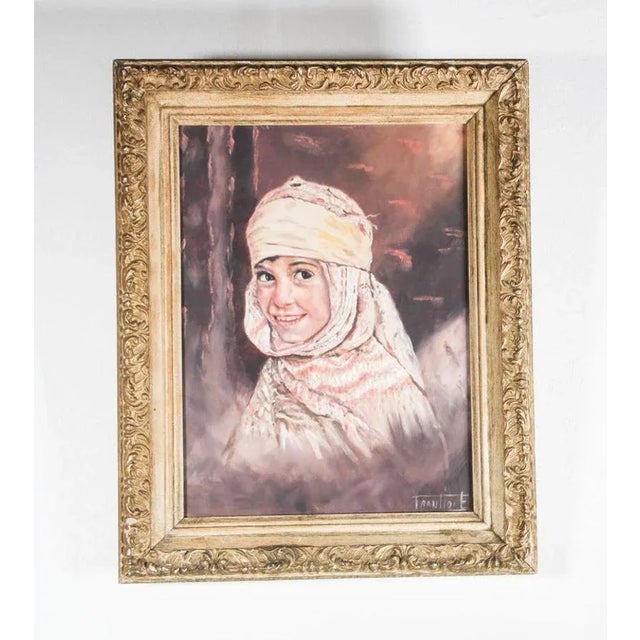 Vintage Orientalist oil on canvas portrait of a young girl, painting depicting an orientalist girl dressed in traditional...