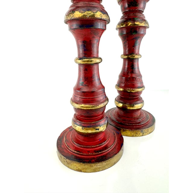 1970s Pair of Hand-Painted Red and Gold Wooden Candleholders With Brass Trim For Sale - Image 12 of 13