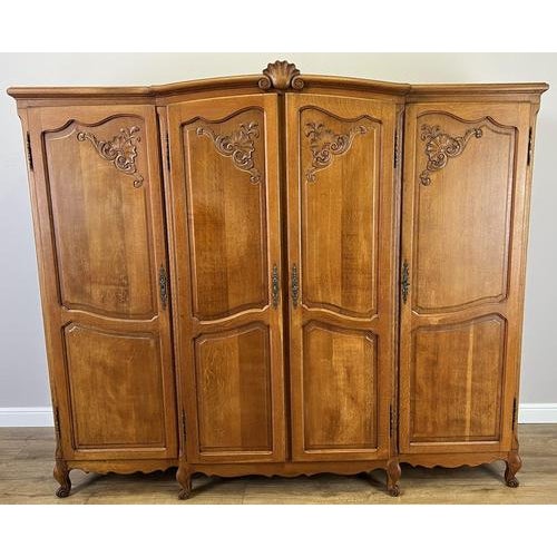 Vintage French Louis XVI Style Carved Oak 4-Door Armoire For Sale - Image 3 of 13