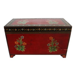 Folk Red Painted Chest With Floral Motifs For Sale