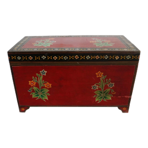 Folk Red Painted Chest With Floral Motifs