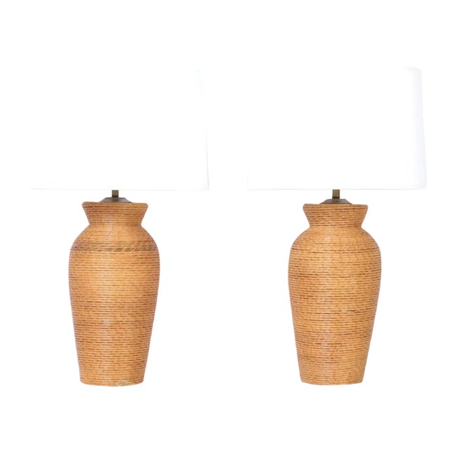 Pair of Mid Century Rattan and Reed Table Lamps For Sale