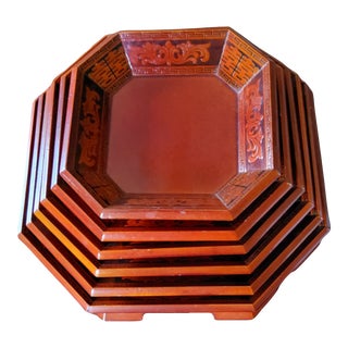 Vintage Octagonal Korean Stacking Wooden Lacquerware Serving Trays / Bowls- Set of 6 For Sale