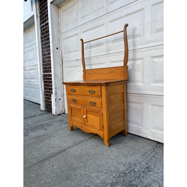 Antique Oak Washstand Cabinet | Early 1900s Colonial Revival Dry Sink | Solid Oak Bathroom or Entryway Storage | Antique Small Wood Cabinet For Sale - Image 4 of 12