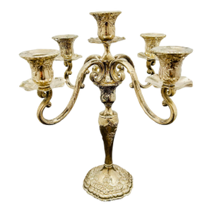 Mid-Century Ornate Five Light Silverplate Candelabra, Floral Embossed