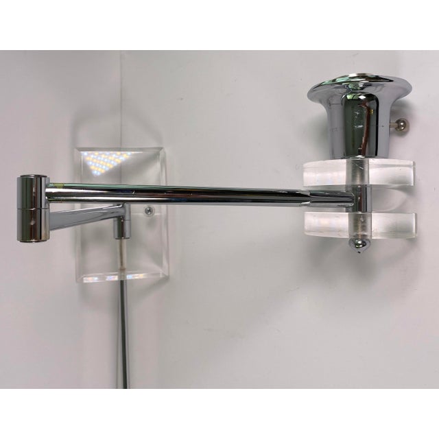 Pair of Large Modern Chrome & Lucite Adjustable Swing Arm Wall Sconces For Sale - Image 9 of 11