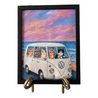 Volkswagen Camper Van Framed 8x10 Art Print With Cats - Pastel Beach Scene For Sale