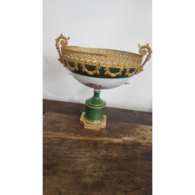 White Mid-20th Century French P. Limoges Hand-Painted Porcelain & Gilt-Metal Pedestal Centerpiece Bowl For Sale - Image 8 of 18