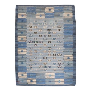 Vintage Zabihi Collection Abstract Blue Swedish Kilim - 4'10" x 6' For Sale