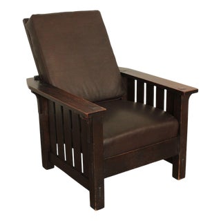L & JG Stickley Antique Mission Oak and Leather Morris Chair For Sale