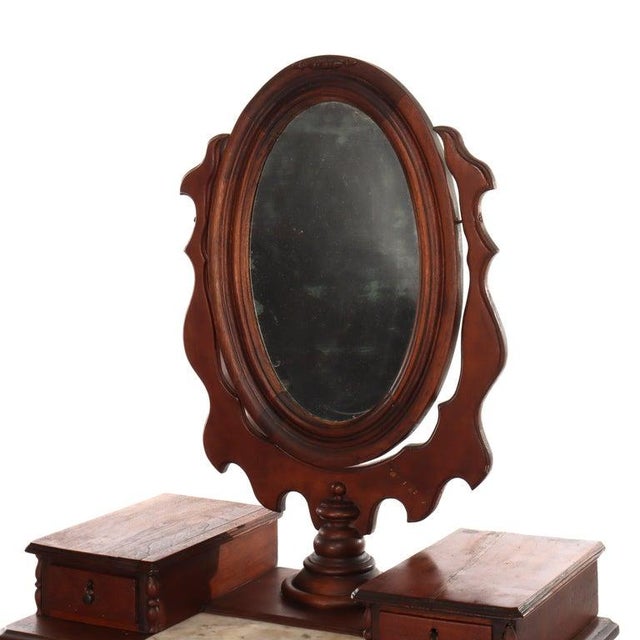 Late 19th Century Walnut 5-Drawer Marble Top Child’s Dresser With Mirror & Carved Pulls Circa 1890 For Sale - Image 5 of 18