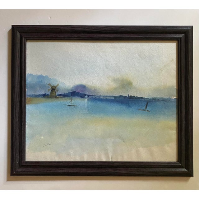 Contemporary "Serenity of the Windmill" Contemporary Watercolor Painting by Satori Gregorakis, Framed For Sale - Image 3 of 3