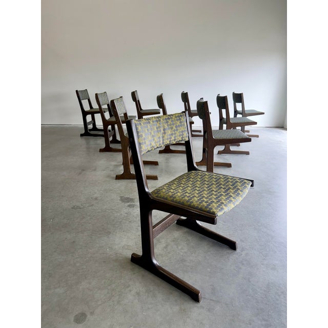 Complete set of 10 Mid Century Farstrup Denmark dining chairs in stained oak with updated modern blue and green dot...