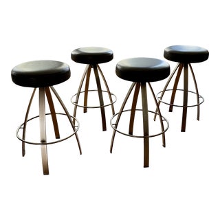 1970s Italian Leather Upholstered and Metal Bar Stools - Set of 4 For Sale