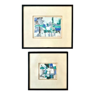 Late 20th Century Gouache & Acrylic Modern Abstract Framed Paintings - Set of 2 For Sale