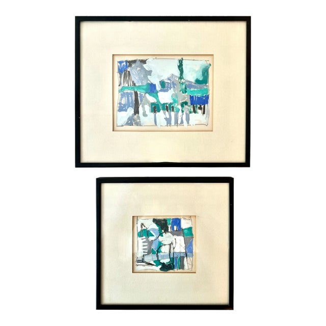 Late 20th Century Gouache & Acrylic Modern Abstract Framed Paintings - Set of 2 For Sale