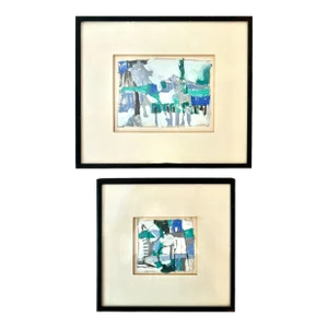 Late 20th Century Gouache & Acrylic Modern Abstract Framed Paintings - Set of 2