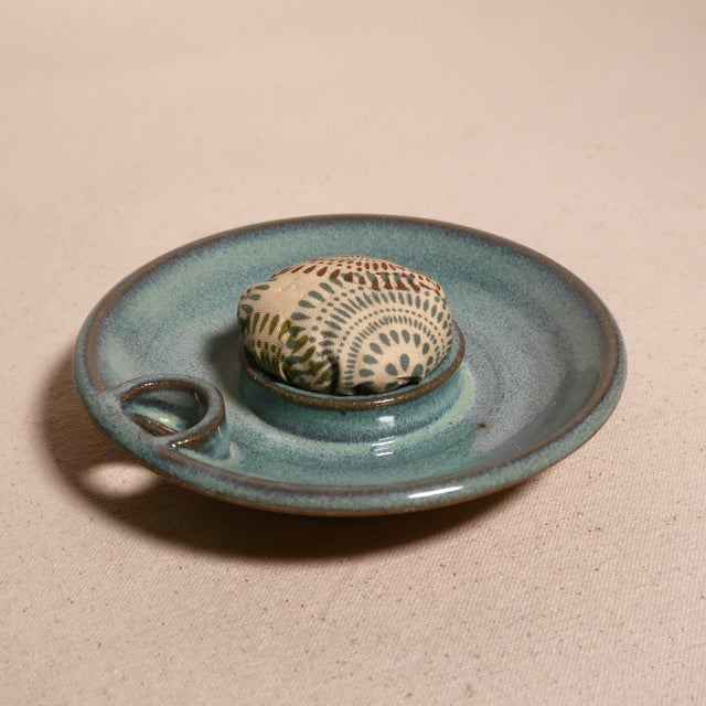 Mid Century Modern Handmade Studio Pottery Turquoise Glaze Pin Cushion Ceramic Sewing Vessel For Sale - Image 11 of 13