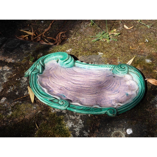 Purple 1900 French Majolica Art Nouveau Large Turquoise and Purple Oyster Shaped Dish or Tray For Sale - Image 8 of 11
