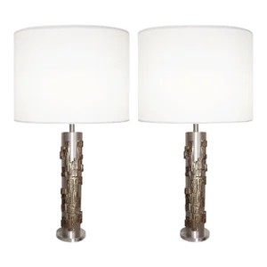 A Pair of Modernist Table Lamps, Brushed Nickel and Sculptural Metal, 1970s