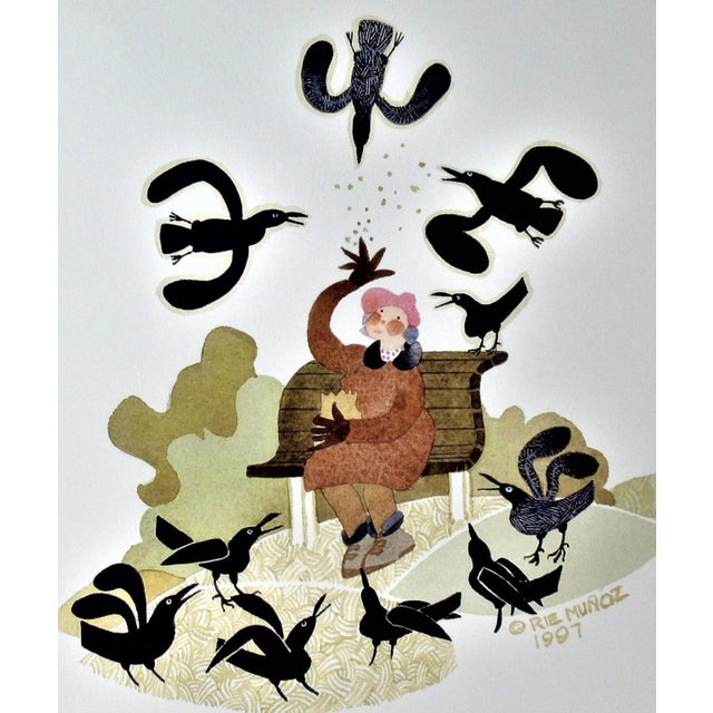 This artwork titled "Feeding the Ravens" 1997 is a color offset lithograph on paper by noted American artist Rie Mounier...