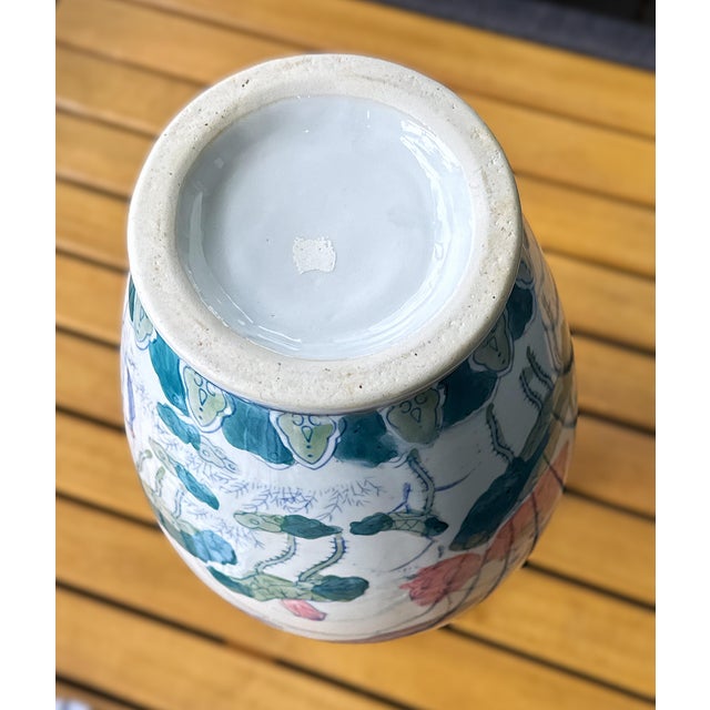 White Large Vintage Chinoiserie Vase: Pink Lotus, Bird & Chrysanthemum Decor For Sale - Image 8 of 8