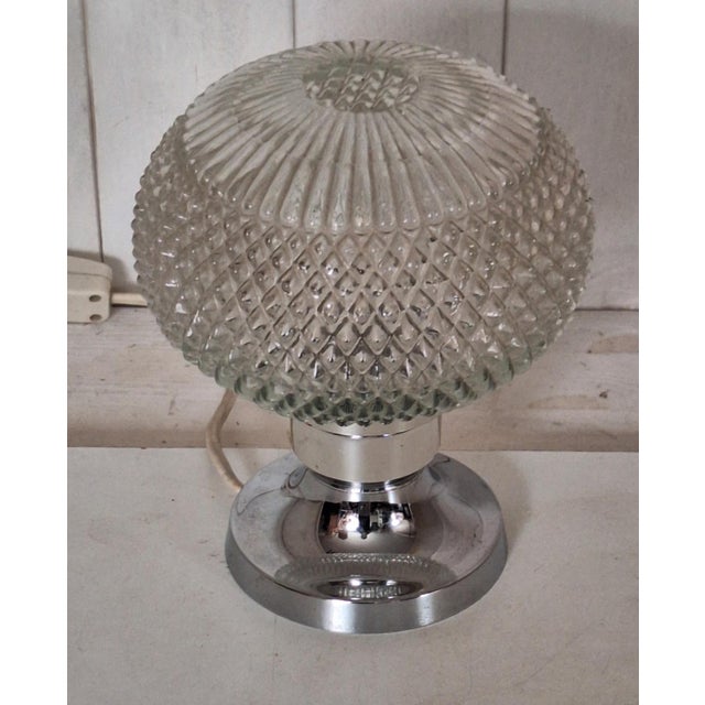 Vintage Table Lamp with Chrome-Plated Metal Base and Clear Relief Glass Shade by Ets, 1970s For Sale - Image 4 of 8