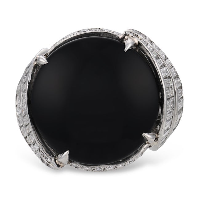 Contemporary Mid Century Onyx Diamond Platinum Cocktail Ring, Size 5.75 For Sale - Image 3 of 6